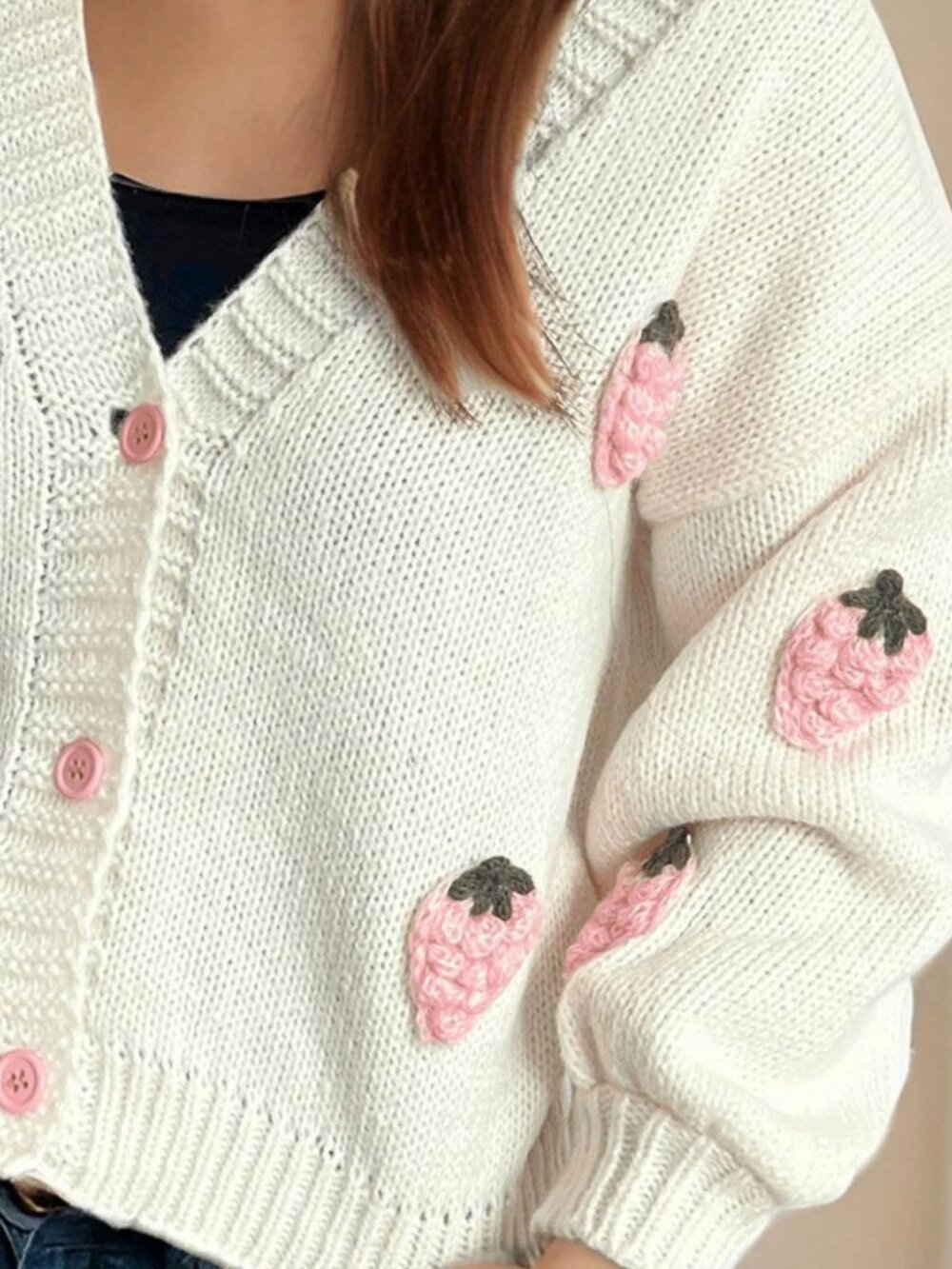 Cream Knit Cropped Cardigan Large 3D Pink Crochet‎ Strawberry V-Neck Cottage
